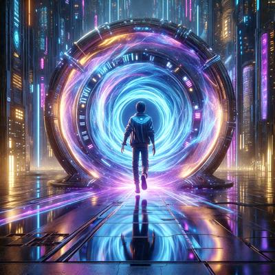 The primary subject of the image is a man walking through a futuristic, colorful tunnel. The tunnel is illuminated with a purple glow, and the man appears to be the main focus of the scene. The setting is a futuristic environment, likely a part of a video game or a science fiction concept. The visual style of the image is digital art, as it is a computer-generated scene. The colors and mood of the image are vibrant and energetic, with the purple light creating